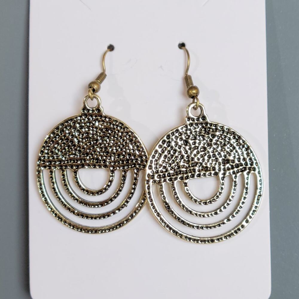 Gold Brass Tone Rainbow Dangle Earrings Textured Boho Drop Jewelry 2"